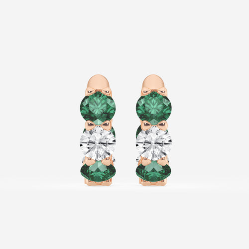 4.3 mm Round Created Emerald and 1 1/3 ctw Round Lab Grown Diamond Huggie Hoop Earrings 14K Rose Gold