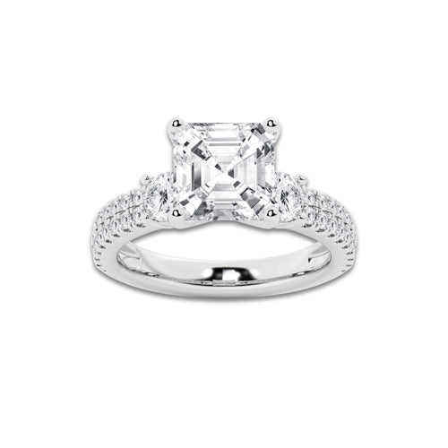 4.46 ctw Asscher Lab-Grown Diamond Three Stone Double Row Engagement Ring in Platinum for Women | D Color, VVS1 Clarity, IGI Certified 3.50 ct Center Diamond