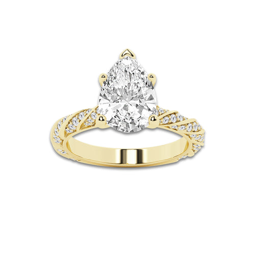 3.92 ctw Pear Lab-Grown Diamond Twisted Band Engagement Ring in 14K Yellow Gold for Women | Colorless E, VS1 Clarity, IGI Certified 3.50 ct Center Diamond