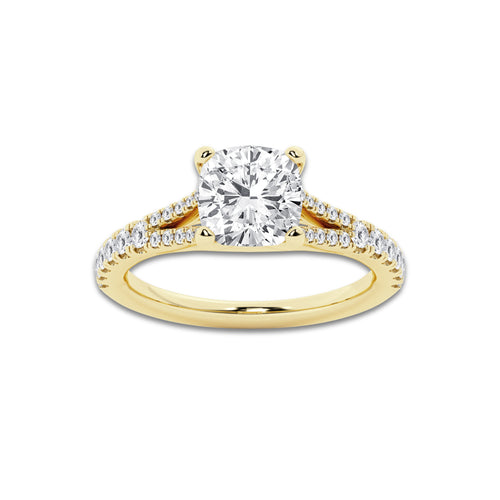 3.33 ctw Cushion Lab-Grown Diamond Split Shank Side Stone Engagement Ring in 14K Yellow Gold for Women | Colorless E, VS1 Clarity, IGI Certified 3.00 ct Center Diamond
