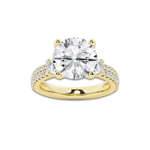 5.96 ctw Round Lab-Grown Diamond Three Stone Double Row Engagement Ring in 14K Yellow Gold for Women | E Color, VS1 Clarity, IGI Certified 5.00 ct Center Diamond