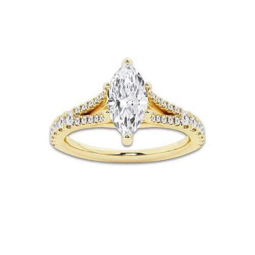 1.08 ctw Marquise Lab-Grown Diamond Split Shank Side Stone Engagement Ring in 14K Yellow Gold for Women | Colorless E, VS1 Clarity, IGI Certified 0.75 ct Center Diamond
