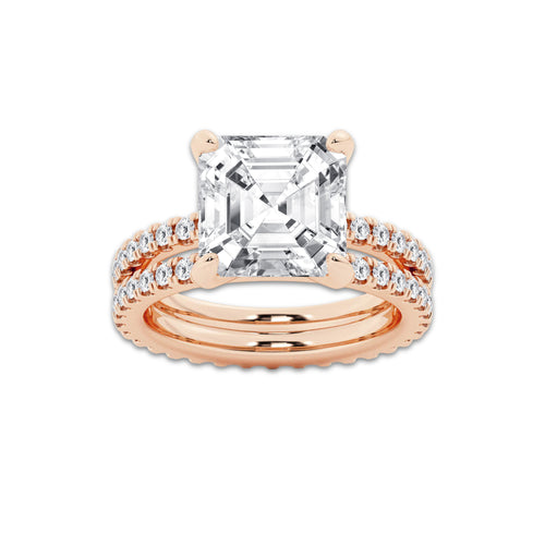 7.22 ctw Asscher Lab-Grown Diamond Double Row Diamond Engagement Ring in 14K Rose Gold for Women | Colorless E, VS1 Clarity, IGI Certified 6.00 ct Center Diamond