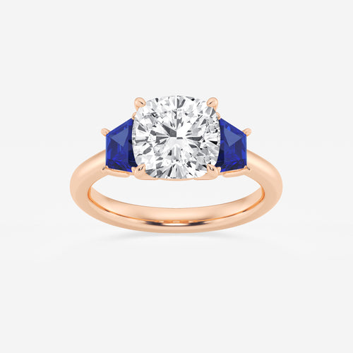 Camellia 3 ctw Cushion Lab Grown Diamond and 5.5x3.3x2.2 mm Trapezoid Created Sapphire Three-Stone Ring 14K Rose Gold, E, VS1 | IGI Certified, 3 ct Center