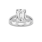 4 2/5 ctw Emerald Lab Grown Diamond Split Shank Draped Hidden Halo Engagement Ring Platinum, E, VS1 | 4 ct Center