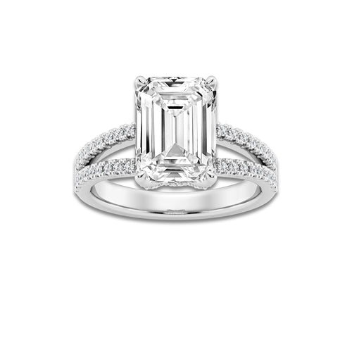 4 2/5 ctw Emerald Lab Grown Diamond Split Shank Draped Hidden Halo Engagement Ring Platinum, E, VS1 | 4 ct Center