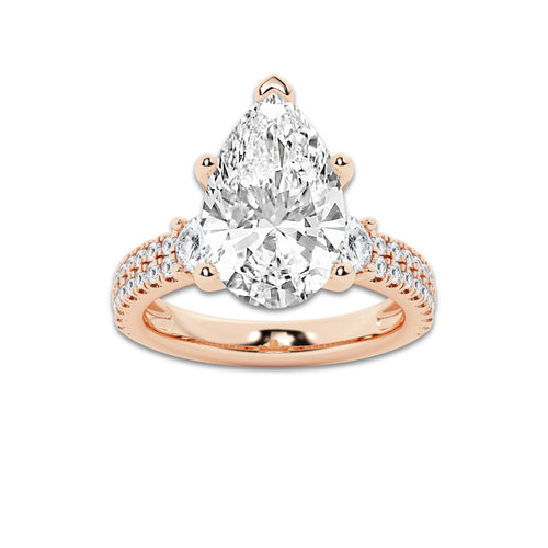 5.96 ctw Pear Lab-Grown Diamond Three Stone Double Row Engagement Ring in 14K Rose Gold for Women | D Color, VVS1 Clarity, IGI Certified 5.00 ct Center Diamond