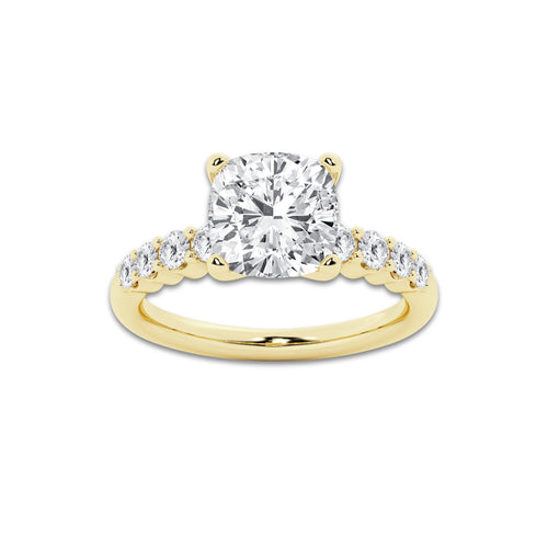 5.66 Ct Cushion Lab-Grown Diamond Half Eternity Engagement Ring in 14K Yellow Gold for Female, Colorless (D), VVS1 Clarity | IGI Certified, 5.00 Ct Center Diamond