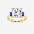 Camellia 5 ctw Princess Lab Grown Diamond and 5.5x3.3x2.2 mm Trapezoid Created Sapphire Three-Stone Ring 14K Yellow Gold, E, VS1 | IGI Certified, 5 ct Center