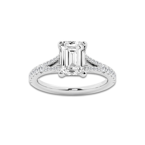 2.83 ctw Emerald Lab-Grown Diamond Split Shank Side Stone Engagement Ring in 14K White Gold for Women | Colorless D, VVS1 Clarity, IGI Certified 2.50 ct Center Diamond