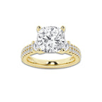 5.96 ctw Cushion Lab-Grown Diamond Three Stone Double Row Engagement Ring in 14K Yellow Gold for Women | E Color, VS1 Clarity, IGI Certified 5.00 ct Center Diamond