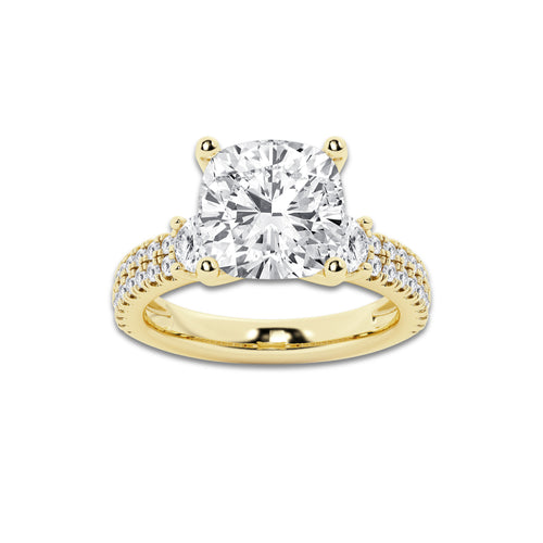 5.96 ctw Cushion Lab-Grown Diamond Three Stone Double Row Engagement Ring in 14K Yellow Gold for Women | E Color, VS1 Clarity, IGI Certified 5.00 ct Center Diamond