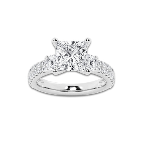 4.00 ctw Princess Lab-Grown Diamond Three Stone Double Row Engagement Ring in 14K White Gold for Women | D Color, VVS1 Clarity, IGI Certified 3.00 ct Center Diamond