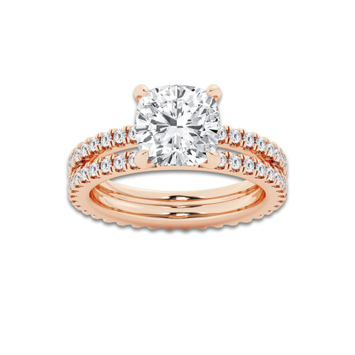 3.89 ctw Cushion Lab-Grown Diamond Double Row Diamond Engagement Ring in 14K Rose Gold for Women | Colorless D, VVS1 Clarity, IGI Certified 3.00 ct Center Diamond