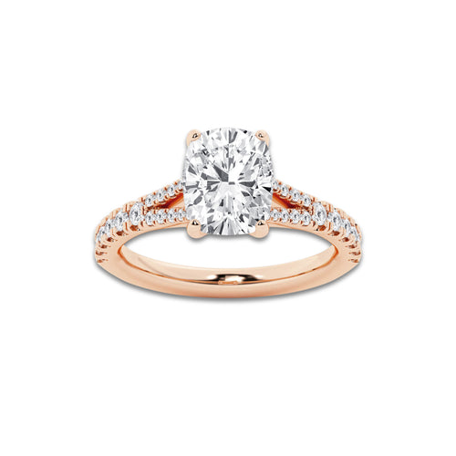 2.82 ctw Elongated Cushion Lab-Grown Diamond Split Shank Side Stone Engagement Ring in 14K Rose Gold for Women | Colorless E, VS1 Clarity, IGI Certified 2.50 ct Center Diamond