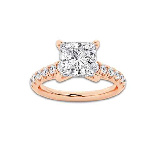 2.41 ctw Princess Lab-Grown Diamond Pave Engagement Ring in 14K Rose Gold for Women | E Color, VS1 Clarity, IGI Certified 2.00 ct Center Diamond