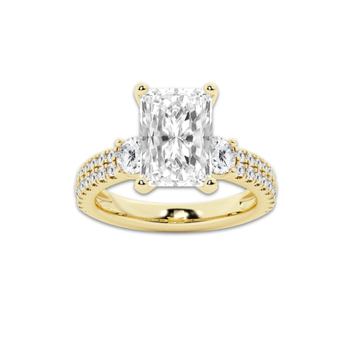 4.46 ctw Radiant Lab-Grown Diamond Three Stone Double Row Engagement Ring in 14K Yellow Gold for Women | E Color, VS1 Clarity, IGI Certified 3.50 ct Center Diamond