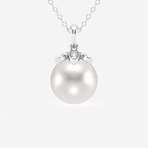 9.5 - 10.0 mm Cultured Freshwater Pearl and Lab Grown Diamond Accent Flower Pendant 14K White Gold