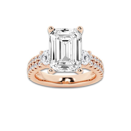 7.96 ctw Emerald Lab-Grown Diamond Three Stone Double Row Engagement Ring in 14K Rose Gold for Women | E Color, VS1 Clarity, IGI Certified 7.00 ct Center Diamond