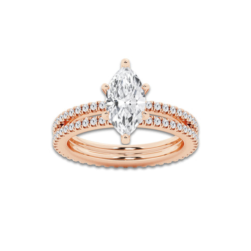 2.19 ctw Marquise Lab-Grown Diamond Double Row Diamond Engagement Ring in 14K Rose Gold for Women | Colorless E, VS1 Clarity, IGI Certified 1.50 ct Center Diamond