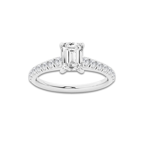 0.89 ctw Emerald Lab-Grown Diamond Pave Engagement Ring in Platinum for Women | E Color, VS1 Clarity, IGI Certified 0.50 ct Center Diamond