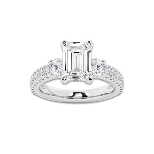 4.00 ctw Emerald Lab-Grown Diamond Three Stone Double Row Engagement Ring in Platinum for Women | D Color, VVS1 Clarity, IGI Certified 3.00 ct Center Diamond