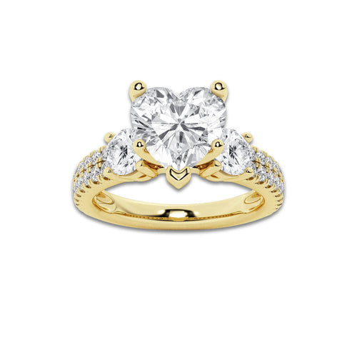 1.50 ctw Heart Lab-Grown Diamond Three Stone Double Row Engagement Ring in 14K Yellow Gold for Women | E Color, VS1 Clarity, IGI Certified 0.75 ct Center Diamond