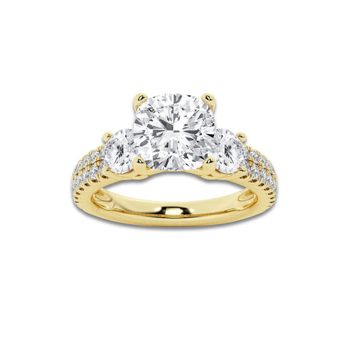 3.00 ctw Cushion Lab-Grown Diamond Three Stone Double Row Engagement Ring in 14K Yellow Gold for Women | D Color, VVS1 Clarity, IGI Certified 2.00 ct Center Diamond