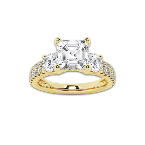 2.25 ctw Asscher Lab-Grown Diamond Three Stone Double Row Engagement Ring in 14K Yellow Gold for Women | D Color, VVS1 Clarity, IGI Certified 1.50 ct Center Diamond