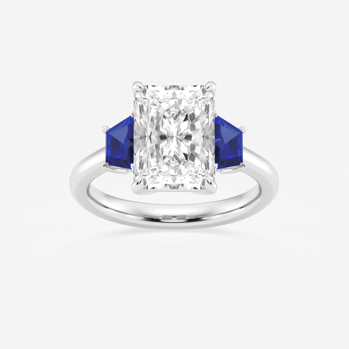 Camellia 4 ctw Radiant Lab Grown Diamond and 5.5x3.3x2.2 mm Trapezoid Created Sapphire Three-Stone Ring 14K White Gold, E, VS1 | IGI Certified, 4 ct Center