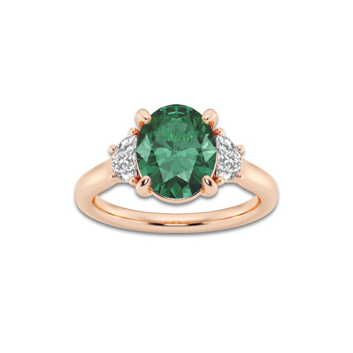Begonia 10x8mm ctw Oval Cut Created Emerald and 1/2 ctw Lab Grown Diamond Three-Stone Engagement Ring 14K Rose Gold