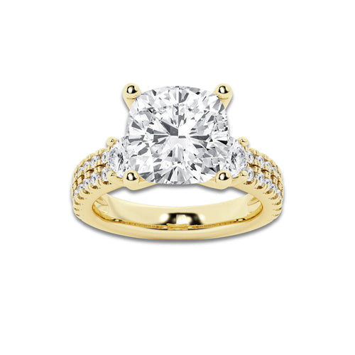 6.96 ctw Cushion Lab-Grown Diamond Three Stone Double Row Engagement Ring in 14K Yellow Gold for Women | D Color, VVS1 Clarity, IGI Certified 6.00 ct Center Diamond