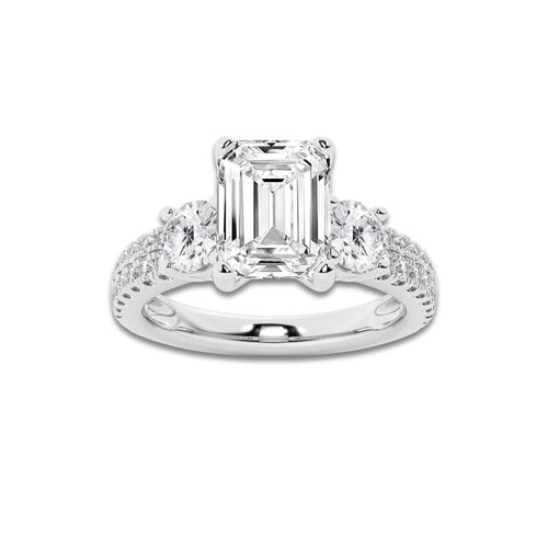 1.50 ctw Emerald Lab-Grown Diamond Three Stone Double Row Engagement Ring in Platinum for Women | E Color, VS1 Clarity, IGI Certified 0.75 ct Center Diamond