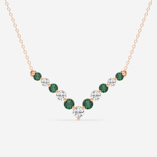 1 ctw Round Lab Grown Diamond and Round Created Emerald Chevron Necklace 14K Rose Gold