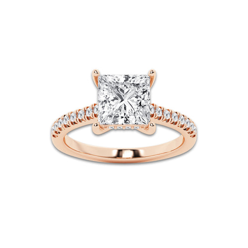 2.78 ctw Princess Lab-Grown Diamond Hidden Halo Side Stone Engagement Ring in 18K Rose Gold for Women | Colorless E, VS1 Clarity, IGI Certified 2.50 ct Center Diamond