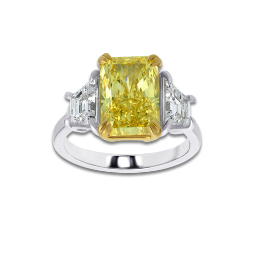 Lira 6 3/4 ctw Fancy Yellow Radiant Lab Grown Diamond with Trapezoid Three-Stone Engagement Ring 14K Two-Tone White & Yellow Gold | 4 3/5 ct Center