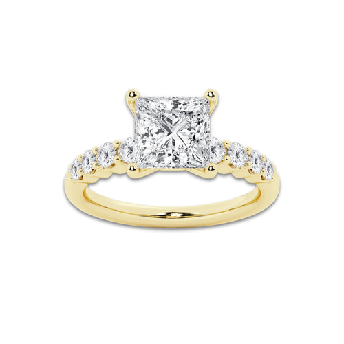 3.04 Ct Princess Lab-Grown Diamond Half Eternity Engagement Ring in 14K Yellow Gold for Female, Colorless (E), VS1 Clarity | IGI Certified, 2.50 Ct Center Diamond