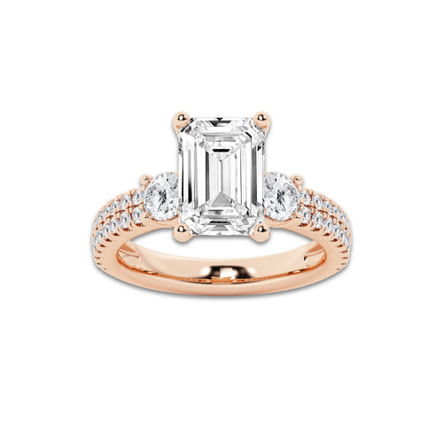 4.46 ctw Emerald Lab-Grown Diamond Three Stone Double Row Engagement Ring in 14K Rose Gold for Women | D Color, VVS1 Clarity, IGI Certified 3.50 ct Center Diamond