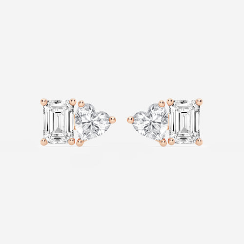 2 ctw Emerald and Heart Lab Grown Diamond Two Stone Stud Earrings 14K Rose Gold, E, VS1 | IGI Certified
