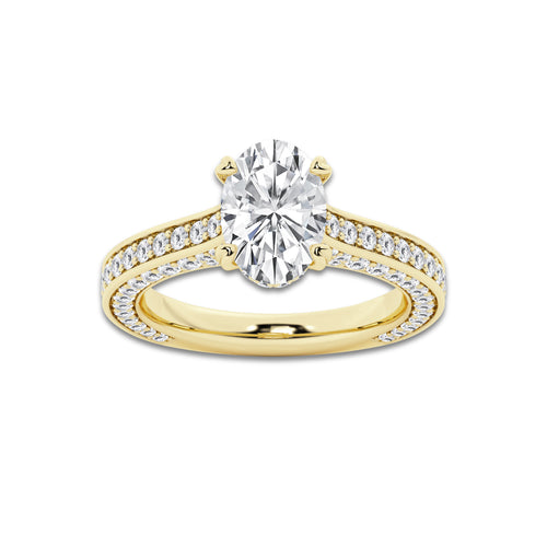 Kelly 3 ctw Oval Lab Grown Diamond Pave Profile Side Stone Engagement Ring 14K Yellow Gold, E, VS1 | IGI Certified, 2 ct Center