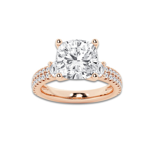 5.96 ctw Cushion Lab-Grown Diamond Three Stone Double Row Engagement Ring in 14K Rose Gold for Women | D Color, VVS1 Clarity, IGI Certified 5.00 ct Center Diamond