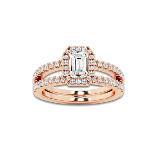 Sunshine 1 1/2 ctw Emerald Lab Grown Diamond Double Shank Halo Engagement Ring 14K Rose Gold, E, VS1 | IGI Certified, 1 ct Center