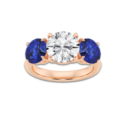 Hibiscus 3 ctw Round Lab Grown Diamond and 7.2 mm Round Shape Created Sapphire Three-Stone Engagement Ring 14K Rose Gold, D, VVS | IGI Certified, 3 ct Center