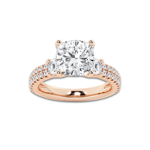 4.46 ctw Cushion Lab-Grown Diamond Three Stone Double Row Engagement Ring in 14K Rose Gold for Women | D Color, VVS1 Clarity, IGI Certified 3.50 ct Center Diamond
