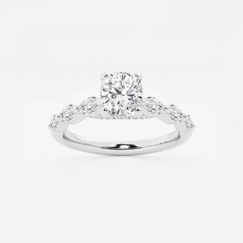 1.16 ctw Cushion Lab-Grown Diamond Marquise Side Stone Engagement Ring in Platinum for Women | Colorless E, VS1 Clarity, IGI Certified 0.75 ct Center Diamond