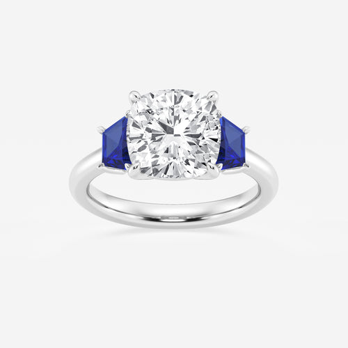 Camellia 4 ctw Cushion Lab Grown Diamond and 5.5x3.3x2.2 mm Trapezoid Created Sapphire Three-Stone Ring 14K White Gold, E, VS1 | IGI Certified, 4 ct Center
