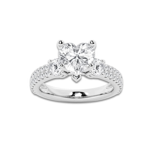 3.50 ctw Heart Lab-Grown Diamond Three Stone Double Row Engagement Ring in 14K White Gold for Women | E Color, VS1 Clarity, IGI Certified 2.50 ct Center Diamond