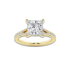 3.33 ctw Princess Lab-Grown Diamond Split Shank Side Stone Engagement Ring in 14K Yellow Gold for Women | Colorless D, VVS1 Clarity, IGI Certified 3.00 ct Center Diamond
