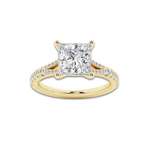 3.33 ctw Princess Lab-Grown Diamond Split Shank Side Stone Engagement Ring in 14K Yellow Gold for Women | Colorless D, VVS1 Clarity, IGI Certified 3.00 ct Center Diamond
