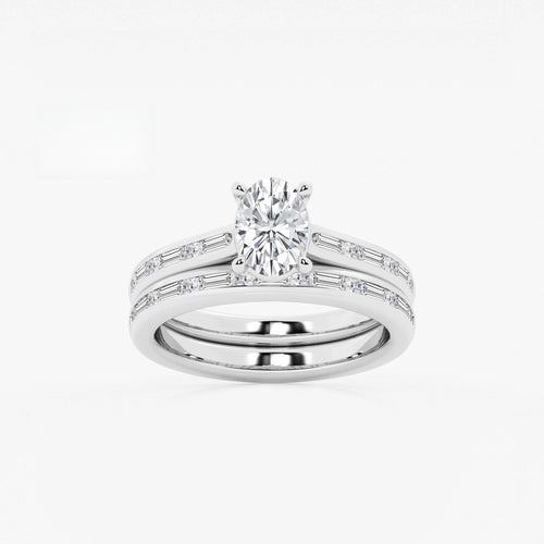 Synergy 1 3/4 ctw Oval Lab Grown Diamond Baguette and Princess Side Stone Bridal Set 14K White Gold, E, VS1 | IGI Certified, 1 ct Center